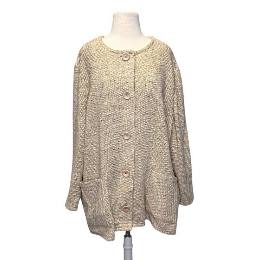 Boyne Valley Weavers Ireland Beige Tweed Jacket 2X Wool Blend Collarless Cottage
